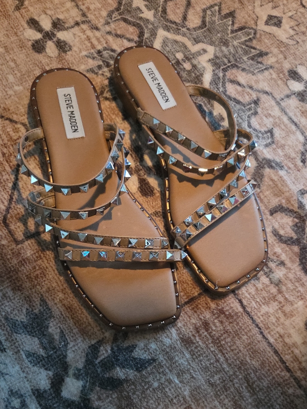 Steve Madden Tan Pyramid Stud Strappy Slide Sandals